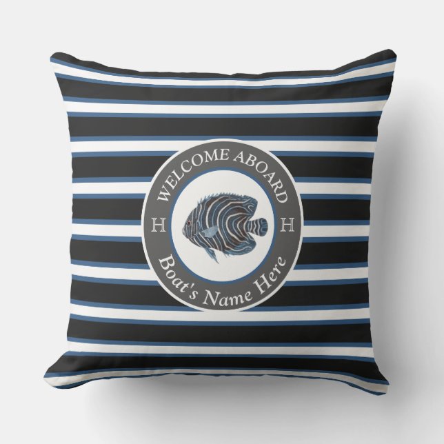 Black White Blue Nautical Boat Name Fish Welcome Outdoor Pillow (Front)