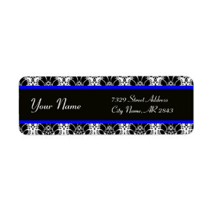 BLACK WHITE BLUE ORIENTAL FLOWERS DAMASK LABEL