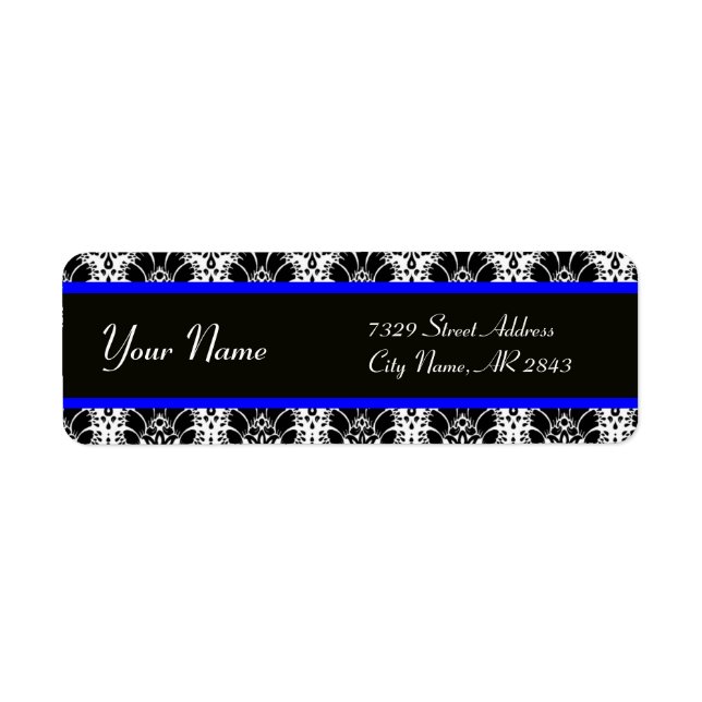 BLACK WHITE BLUE ORIENTAL FLOWERS DAMASK LABEL (Front)
