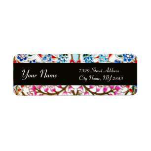 BLACK WHITE BLUE PINK ORIENTAL FLOWERS DAMASK LABEL