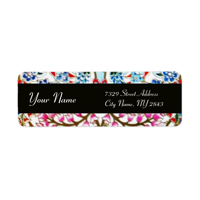 BLACK WHITE BLUE PINK ORIENTAL FLOWERS DAMASK LABEL (Front)
