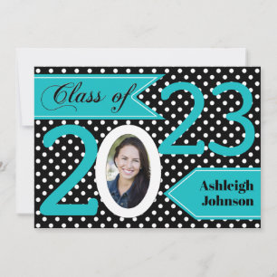 Black White Blue Polka Dot Photo Graduation Invite