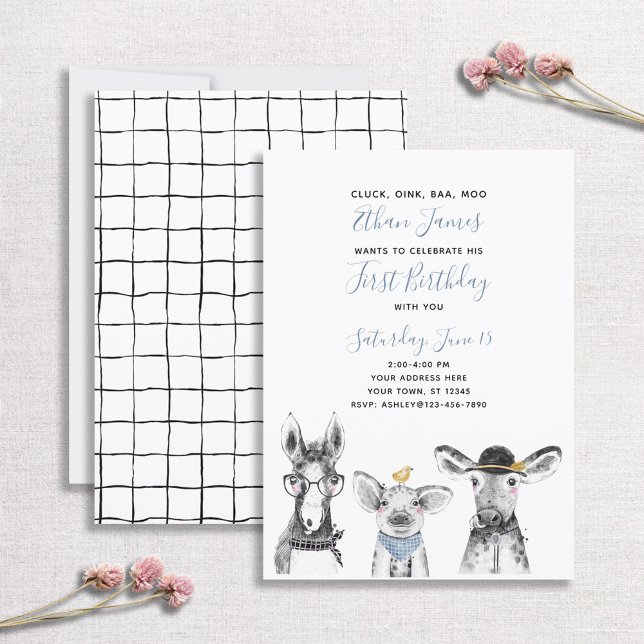 Black White Blue Script Farm 1st Birthday Party Invitation (Creator Uploaded)