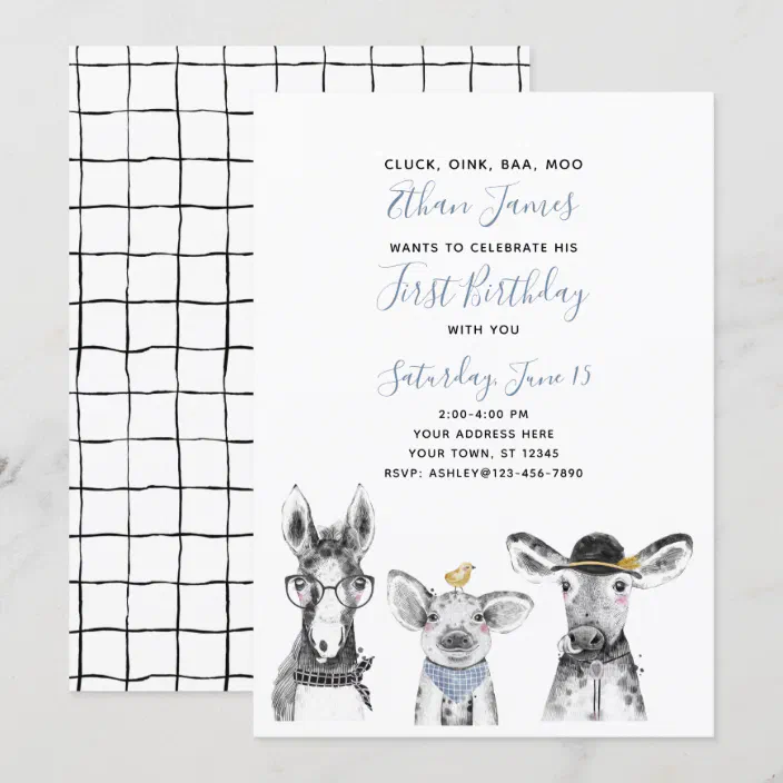 Black White Blue Script Farm 1st Birthday Party Invitation Zazzle Com