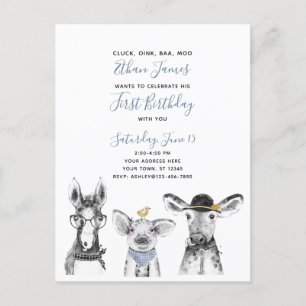 Black White Blue Script Farm Birthday Invitation