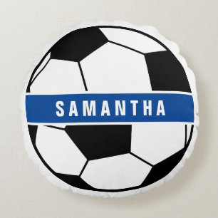 Black White & Blue Soccer Football Sports Monogram Round Pillow