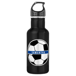 Black White & Blue Soccer Football Sports Monogram Stainless Steel Water Bottle