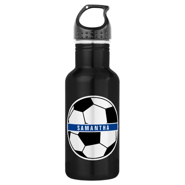 Black White & Blue Soccer Football Sports Monogram Stainless Steel Water Bottle (Front)