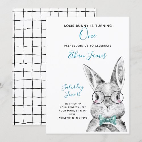 Black & White Blue Some Bunny is One Birthday