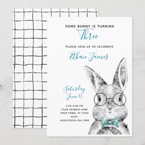 Black & White Blue Some Bunny is Three Birthday