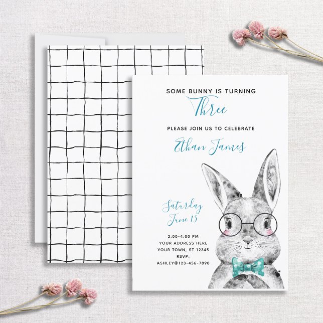 Black & White Blue Some Bunny is Three Birthday Invitation (Creator Uploaded)
