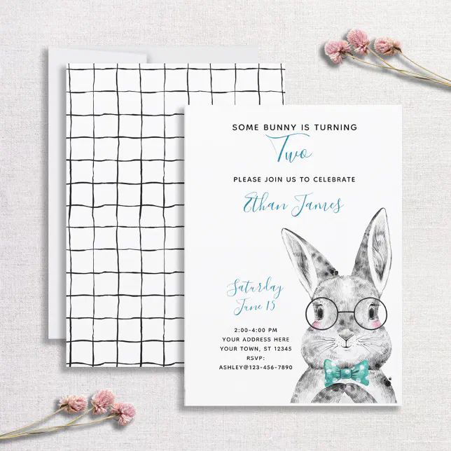 Black & White Blue Some Bunny is Two Birthday Invitation | Zazzle