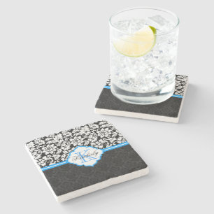 Black White & Blue Vintage Floral Damasks Stone Coaster