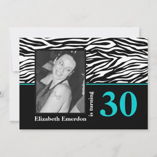Black white blue zebra print 30th birthday photo invitation