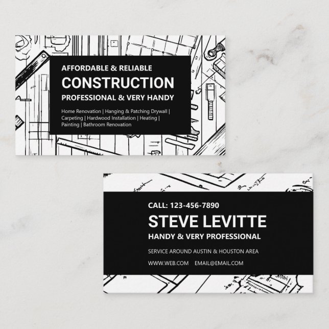 Black & White Blueprint Construction Business Card (Front/Back)
