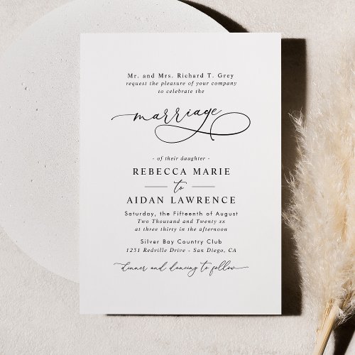 Black White Blush Elegant Script Modern Marriage  Invitation