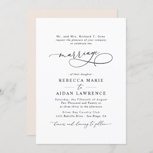 Black White Blush Elegant Script Modern Marriage  Invitation - This elegant Wedding Invitation features a sweeping script calligraphy text paired with a classy serif & modern sans font in black and dewy blush pink back with a customizable monogram. Matching items available.