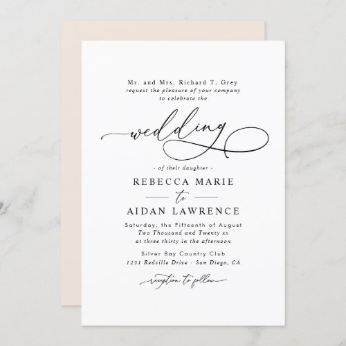Black White Blush Elegant Script Modern Wedding Invitation - This elegant Wedding Invitation features a sweeping script calligraphy text paired with a classy serif & modern sans font in black and dewy blush pink back with a customizable monogram. Matching items available.