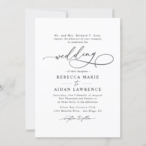 Black White Blush Elegant Script Modern Wedding Invitation | Zazzle