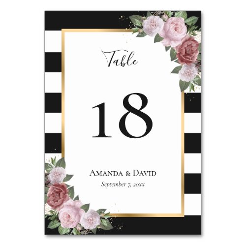Black White Blush Pink Floral Table Number Card