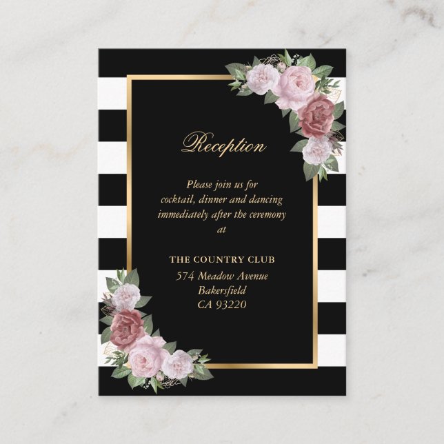 Black White Blush Pink Floral Wedding Reception Enclosure Card (Front)