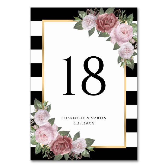 Black White Blush Pink Floral Wedding Table Number (Front)