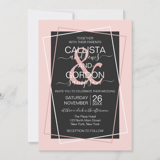 Black White Blush Pink Titled Geo Border Wedding Invitation (Front)