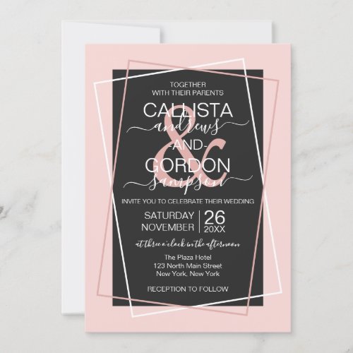 Black White Blush Pink Titled Geo Border Wedding Invitation