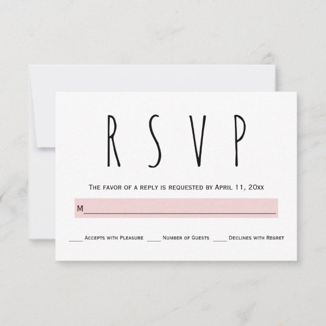 Black, white, blush pink typography wedding RSVP Card (Front)
