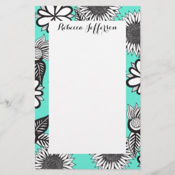 Black White Bohemian Hand Drawn Flowers On Teal Stationery by BlackStrawberry_Co at Zazzle