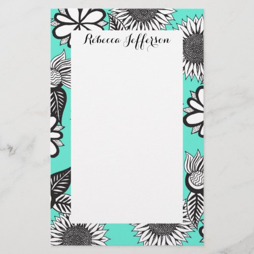 Black White Bohemian Hand Drawn Flowers on Teal Stationery