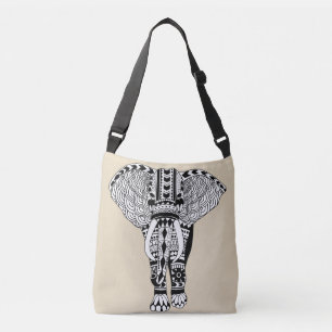 Black & White Bohemian Tribal Elephant Taupe Crossbody Bag