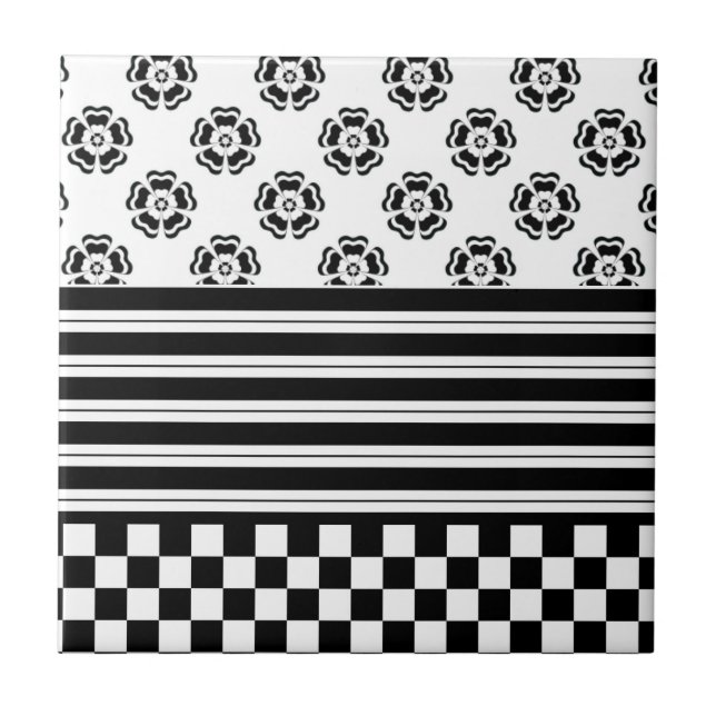 Black White Boho Check Floral Stripes Pattern Ceramic Tile (Front)