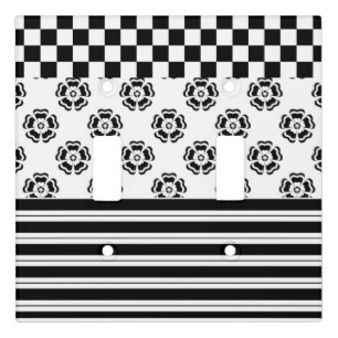 Black White Boho Check Floral Stripes Pattern Light Switch Cover