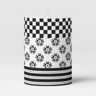 Black White Boho Check Floral Stripes Pattern Pillar Candle