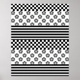 Black White Boho Check Floral Stripes Pattern  Poster