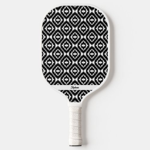 Black White Boho Chic Ikat Pattern Custom Text Pickleball Paddle