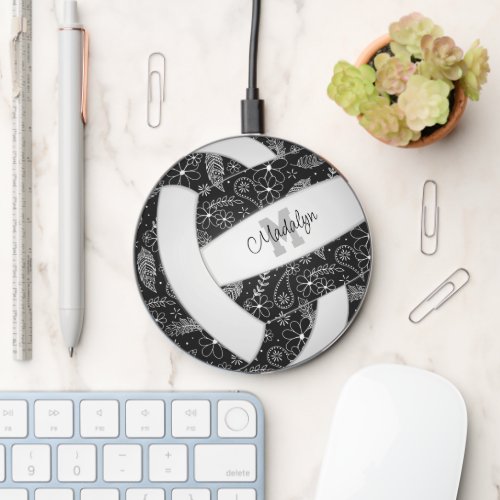 black white boho feathers volleyball wireless charger 