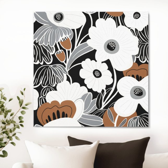 Black White Boho Floral Canvas Print (Transform your space with the timeless beauty of floral Boho Mid Century Modern canvas. )