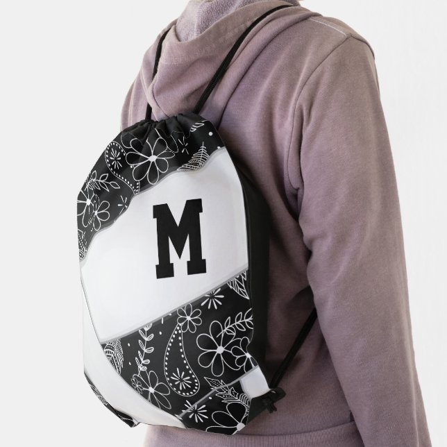 black white boho floral feathers girly volleyball drawstring bag (Insitu)
