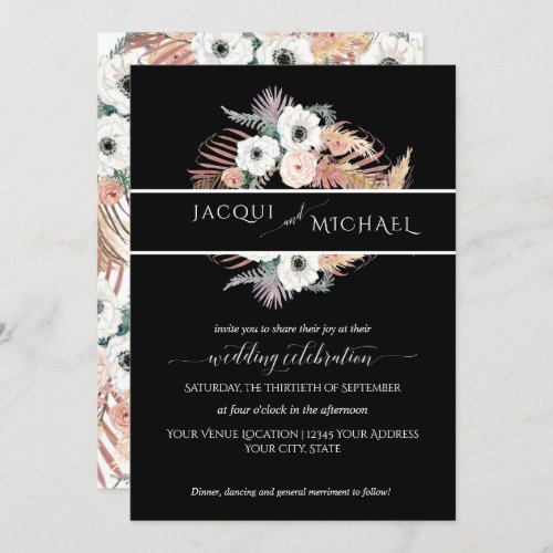 Black White Boho Floral Palm Foliage Pampas Grass Invitation