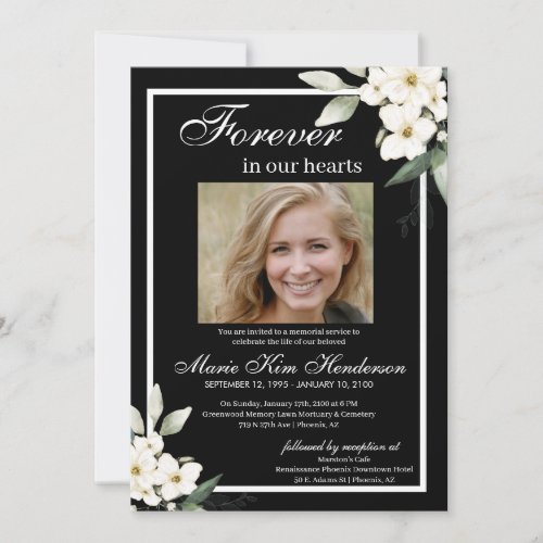 Black White Boho Greenery Funeral Memorial Service Invitation