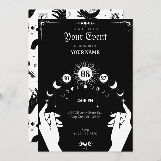 Black white Boho Moon mystical hand  Invitation (Front/Back)