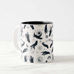 Black white Boho Moon mystical hand  Two-Tone Coffee Mug