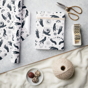 Black white Boho Moon mystical hand  Wrapping Paper