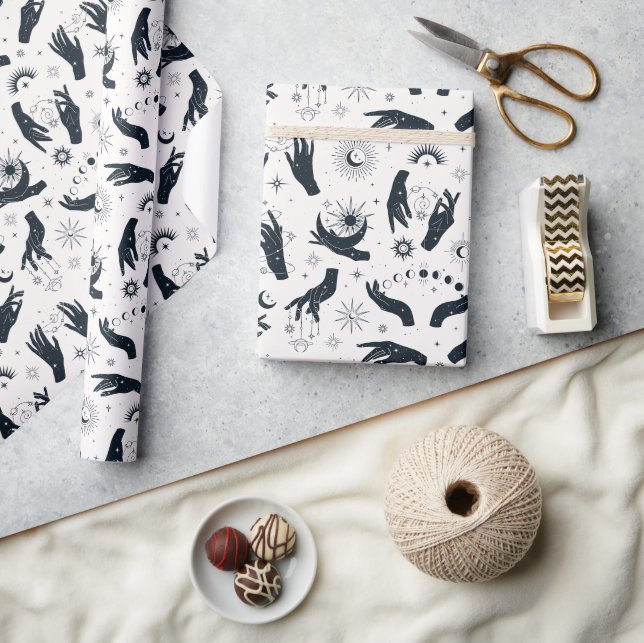 Black white Boho Moon mystical hand  Wrapping Paper (Crafts)