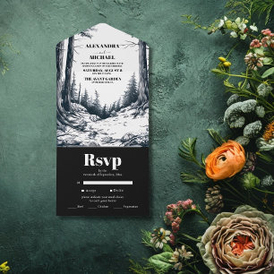 Black White Boho Mountain Forest Wedding All In One Invitation