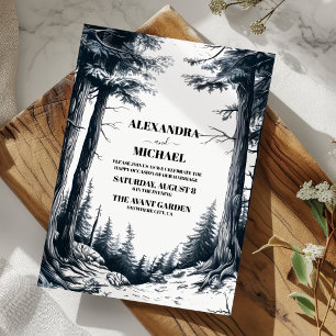 Black White Boho Mountain Forest Wedding Invitation