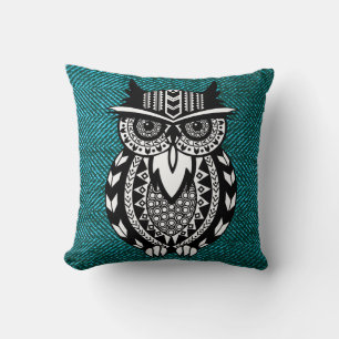 Black White Boho Owl Geometric Teal Herringbone Throw Pillow