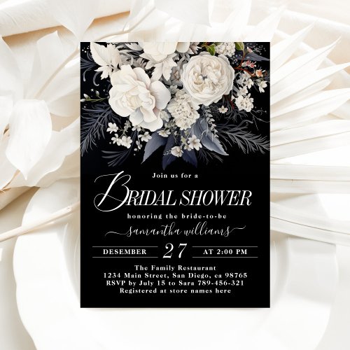 Black  White Boho Winter Wildflower Bridal Shower Invitation